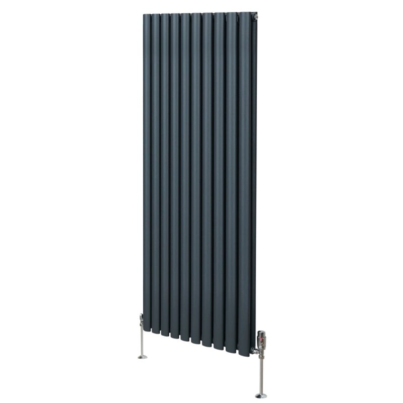 Oval Column Radiator 1600mm x 600mm & TRV Chrome Valves Modern Designer Double Panel Central Heating Heater Anthracite Grey Steel Vertical Kitchen Living Room FREE Cleaning Brush Fixing Kit & Brackets