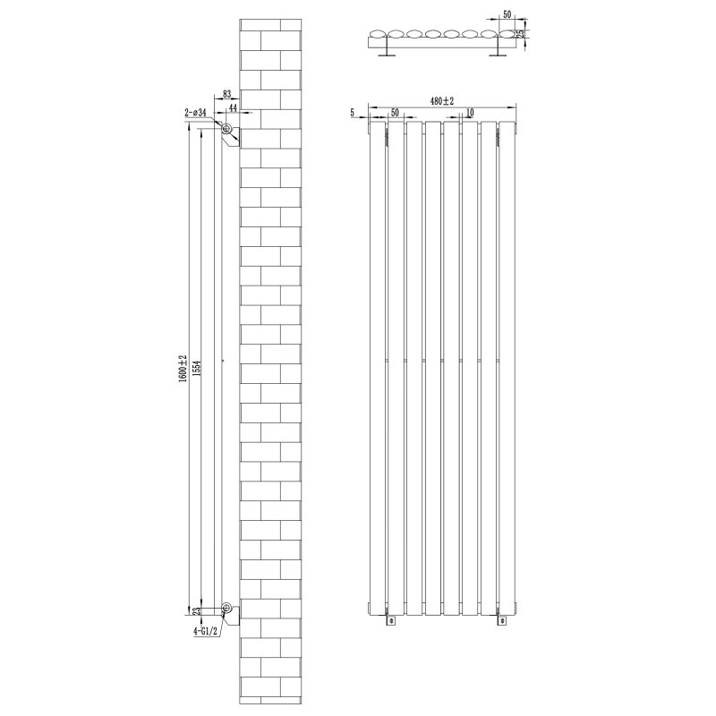 Oval Single Column Radiator - 1600 x 480mm - Black