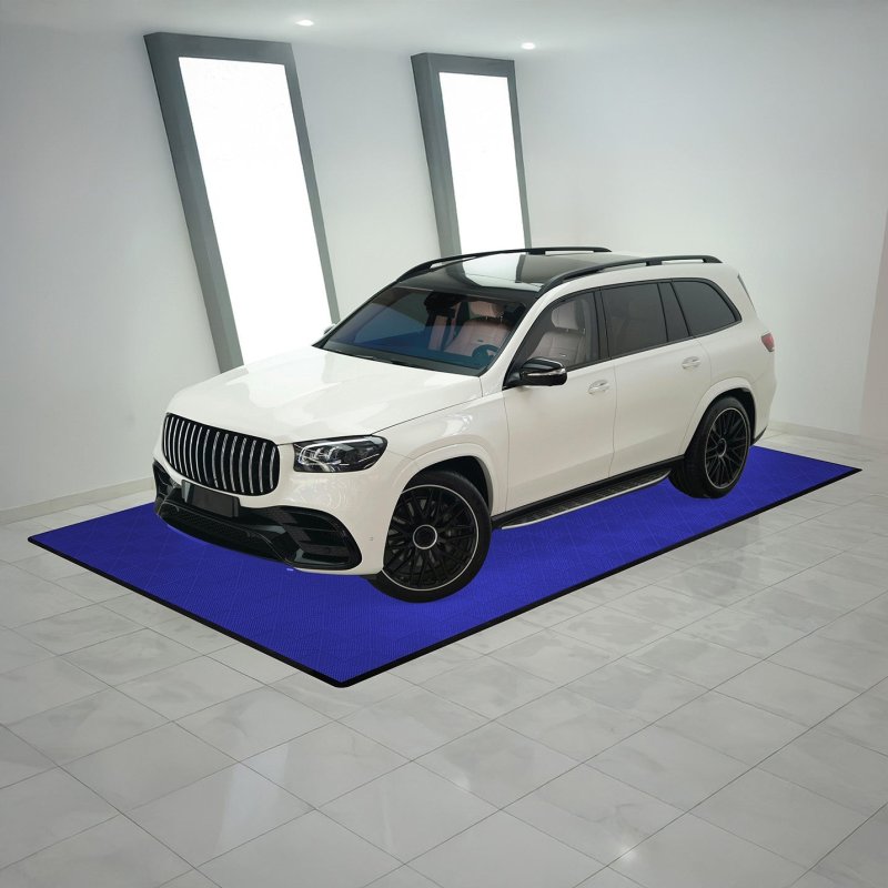 Vented Modular Interlocking Flooring Tiles & Edges 120 x Blue Single Garage Heavy Duty Floor Mat Showroom Workshop Outdoor Polypropylene Anti Slip Weather Resistant Drainage Channels 3.2m x 6m 19.2m2