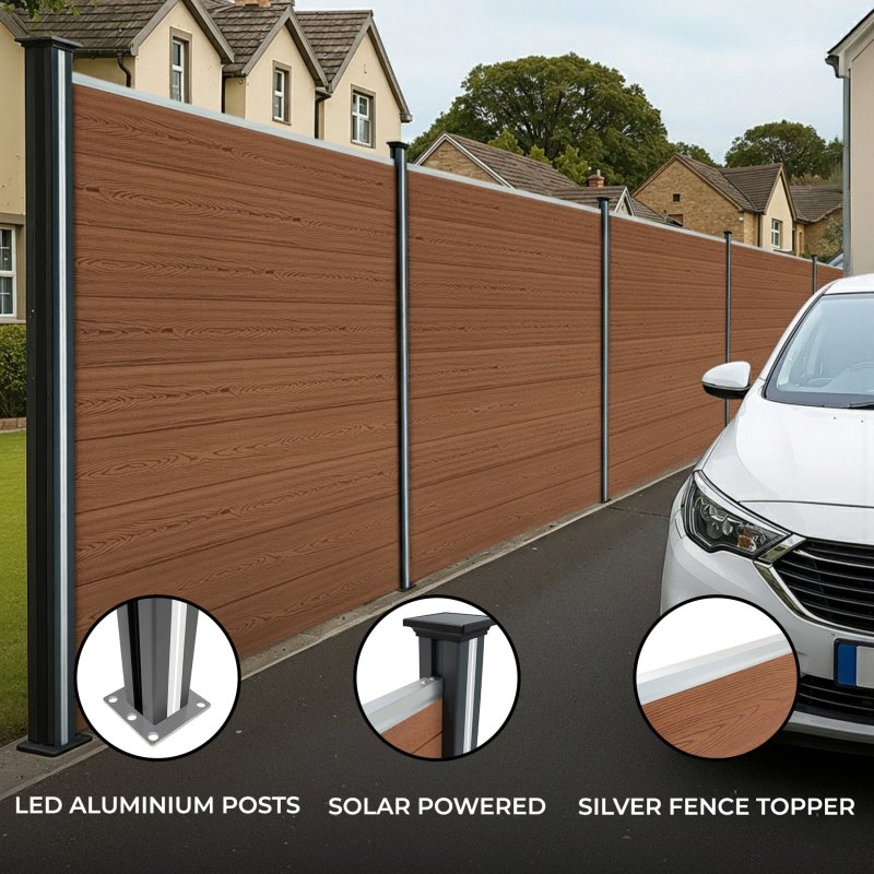 Composite Fence Panel x 6 & LED Posts x 7 - Brown