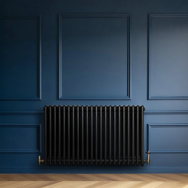 Traditional 4 Column Radiator & Valves - 600 x 1010mm - Black