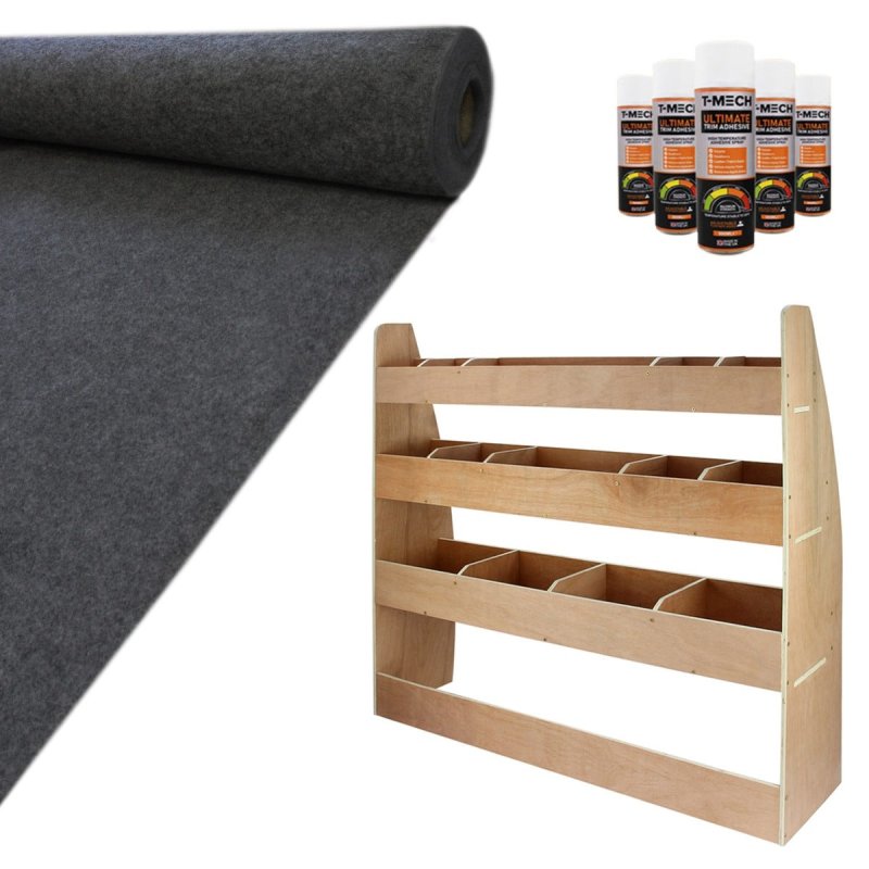 Van Lining Carpet Super Stretch + Glue & VW Caddy Racking Bundle, 11m2 Dark Grey Anthracite, Van Racking, Vans, Motor Homes, Cars, Shelving Unit with 4 Shelves, 12mm Plywood, 4 Tier Racking Unit