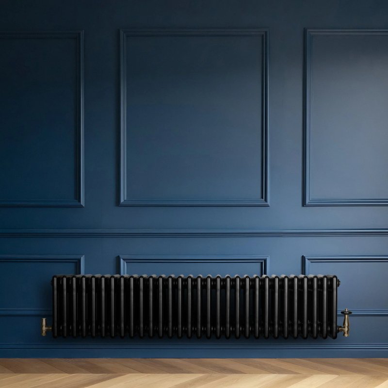 Traditional 4 Column Radiator & Valves - 300 x 1370mm - Black