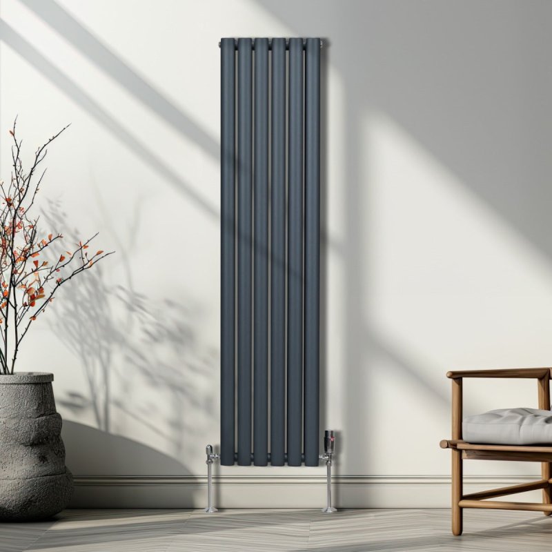 Oval Column Radiator 1600mm x 360mm & TRV Chrome Valves Modern Designer Double Panel Central Heating Heater Anthracite Grey Steel Vertical Kitchen Living Room FREE Cleaning Brush Fixing Kit & Brackets