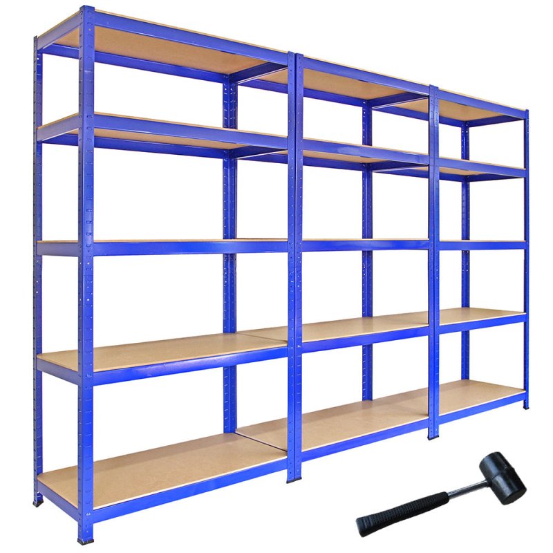 T-Rax Pack of 3 Garage Shelving Units - 5 Tier Heavy Duty Rack for Storage Steel Utility Shelves | Metal & MDF Boltless Racking Assembly System | 4200KG Capacity | 280KG Per Shelf, Blue