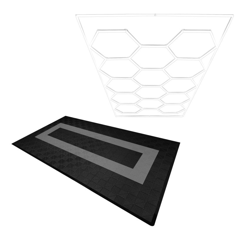 Vented Modular Interlocking Flooring Tiles 90 Black & 30 Grey With Edges & Hexagon LED Lighting 14 White Lights & Border 6500K 3 Mount Options & Suspended Ceiling Kit Single Garage Floor Mat 3.2m x 6m