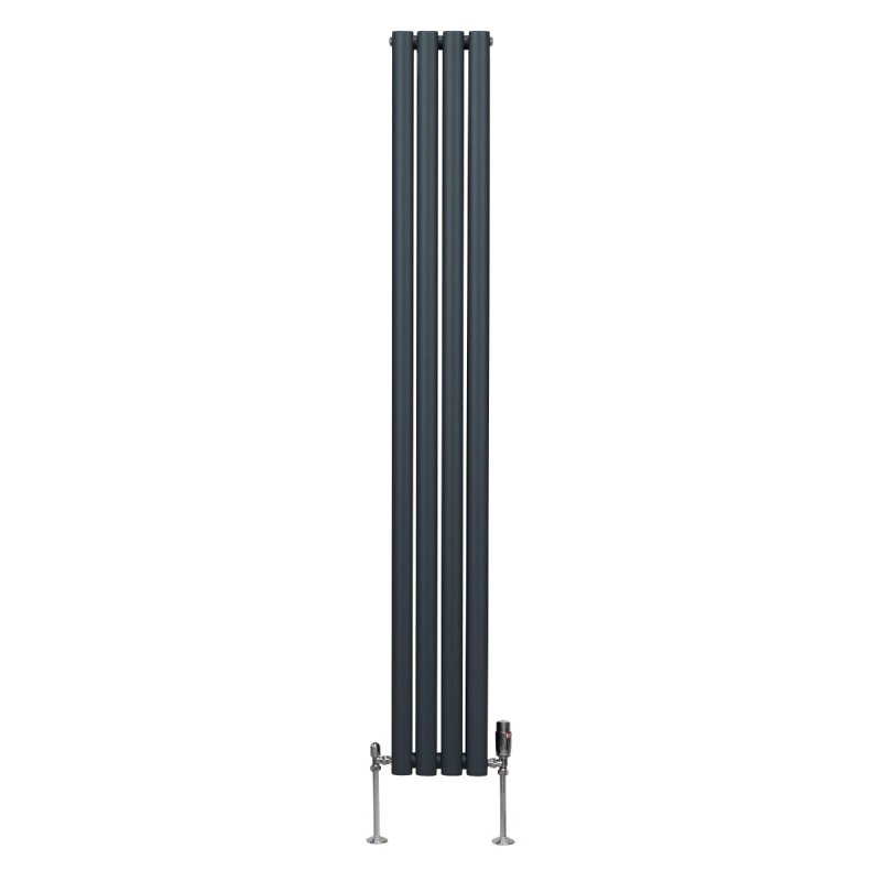 Oval Column Radiator 1800mm x 240mm & TRV Chrome Valves Modern Designer Double Panel Central Heating Heater Anthracite Grey Steel Vertical Kitchen Living Room FREE Cleaning Brush Fixing Kit & Brackets