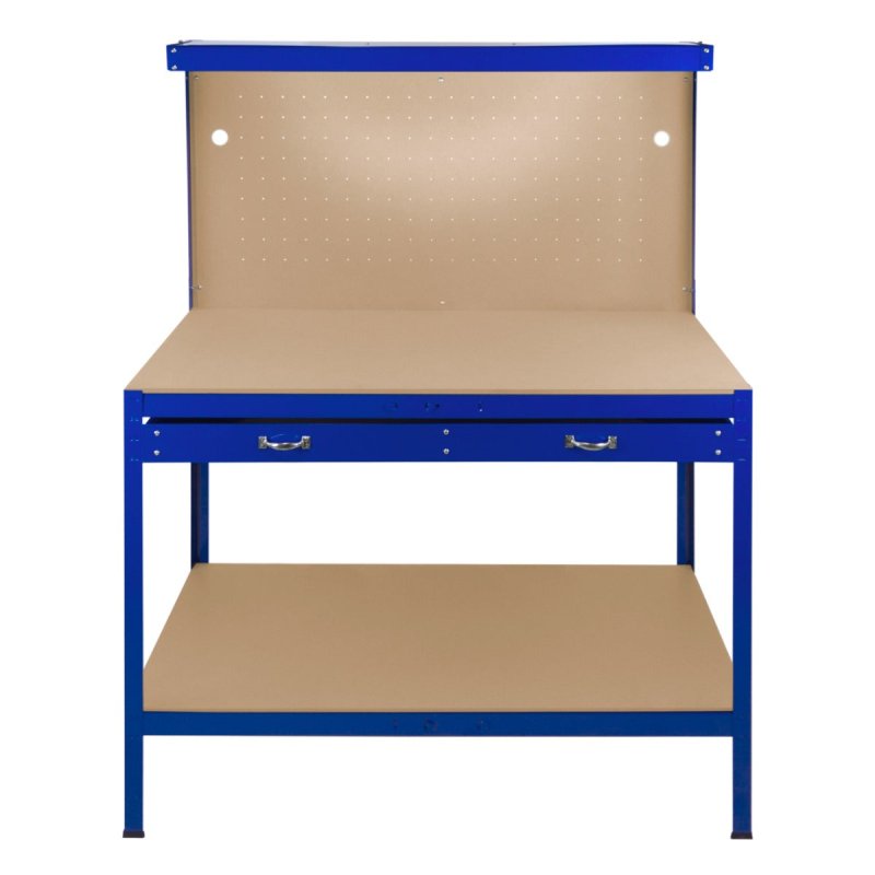 Garage Workbench Blue Pegboard Drawer Shelves LED Light Heavy Duty Steel Wooden Workshop Industrial Shed DIY Work Table Desk Tool Storage Station Unit 370kg Total Capacity 40 Hooks Rubber Mallet