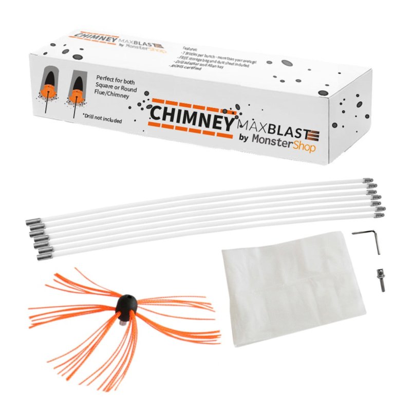 Chimney Cleaning Kit Drill Powered Sweeping-brush Rotary Brush Cleaner 12m Fireplace Wood Burner Flue Reinforced Nylon Flexible Rods FREE Dust Sheet & Storage Bag Includes Drill Adapter & Allen Key MAXBLAST