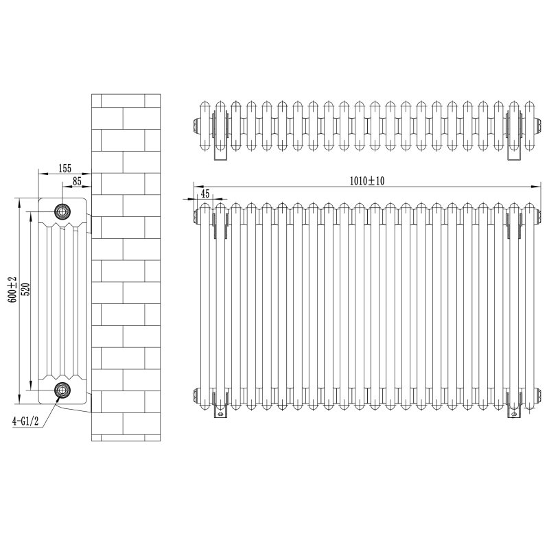 Traditional 4 Column Radiator - 600 x 1010mm - Black