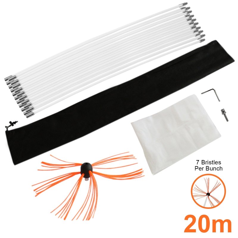 Chimney Sweeping Kit Drill Powered Rotary Brush Sweeping-brush Cleaner 20m Fireplace Wood Burner Flue Reinforced Nylon Flexible Rods FREE Dust Sheet & Storage Bag Includes Allen Key & Drill Adapter MAXBLAST