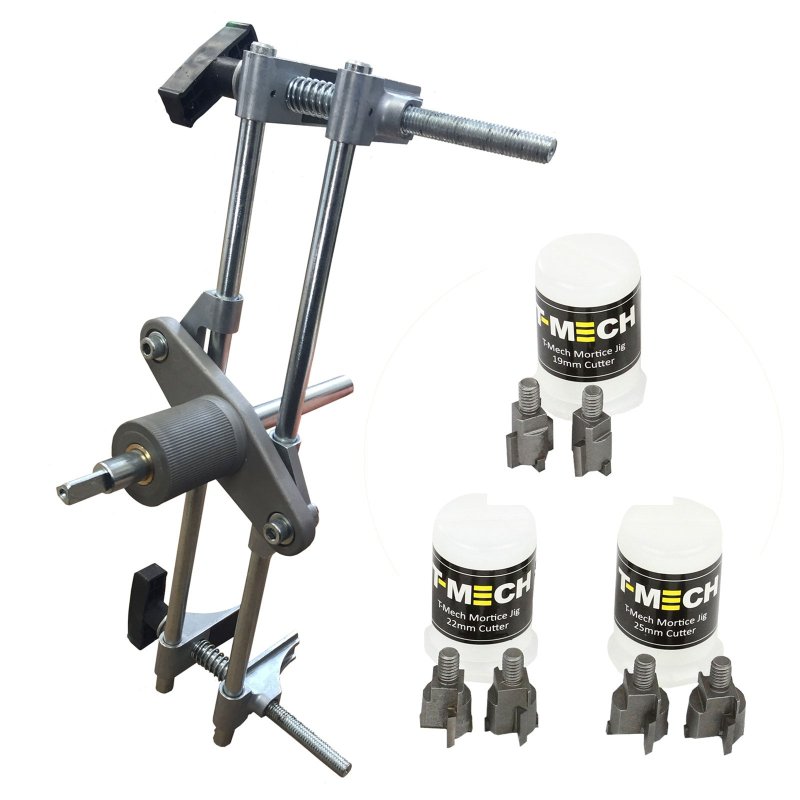 T-Mech Mortice Jig Door Lock Fitting Set Wood Chisel Drill Morticer Kit / 6 Carbide Wood Cutters, 19mm, 22mm, 25mm