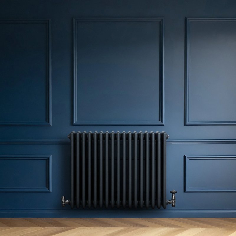 Traditional 4 Column Radiator & Valves - 600 x 785mm - Anthracite Grey