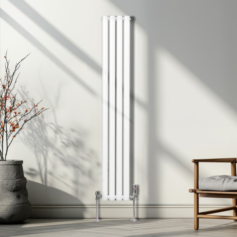 Oval Column Radiator 1600mm x 240mm Modern Designer Double Panel Central Heating Heater Gloss White Carbon Steel Vertical Kitchen Living Room Bathroom FREE Cleaning Brush Fixing Kit & Brackets