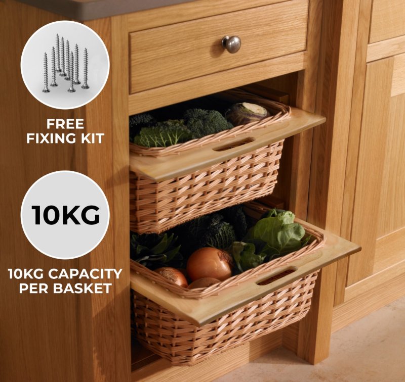 3 x Pull out Wicker Basket Drawer 400mm Kitchen Storage Solution Larder Base Unit Cupboard with Handle Rustic Beech Wood Farmhouse Style 100% Handmade Rattan FREE Fixing Kit Included