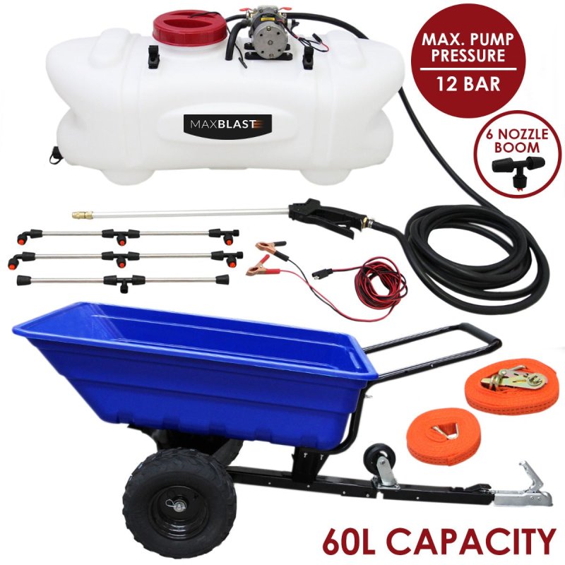 ATV Trailer Garden Sprayer for Quad 60L Maxblast 12V Spot Sprayer Powerful Loading Tractor Wheels Off-Road Farm Horses Tow Tipping Transportation Utility Cart 390kg Arrow Nozzles Spray & Accessories