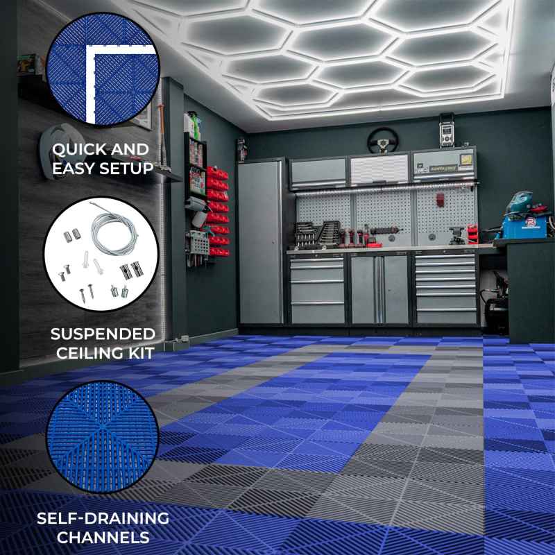 Vented Modular Interlocking Flooring Tiles 90 Blue & 30 Grey With Edges & Hexagon LED Lighting 14 White Lights & Border 6500K 3 Mount Options & Suspended Ceiling Kit Single Garage Floor Mat 3.2m x 6m