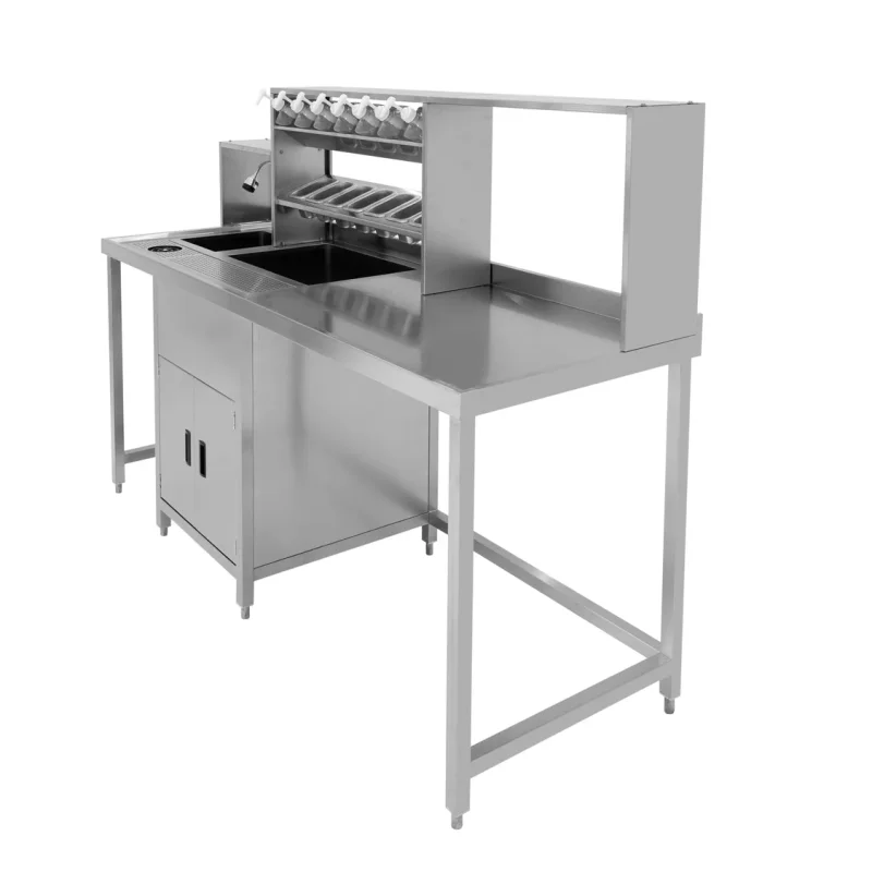 Bubble Tea Workbench Boba Drink Prep Station Serving Counter Stainless Steel Sink Mixer Tap Drip Tray Glass Refresher Ice Well Cupboard Shelves Gastro Pots Syrup Pump Bottles Custom For KuKoo Machines