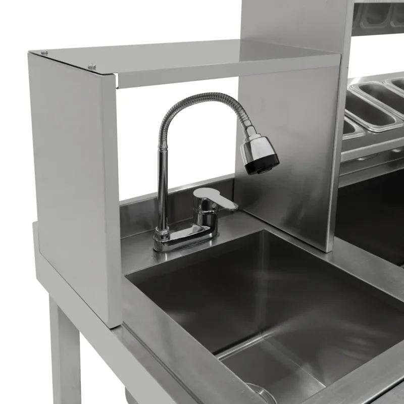 Bubble Tea Workbench Boba Drink Prep Station Serving Counter Stainless Steel Sink Mixer Tap Drip Tray Glass Refresher Ice Well Cupboard Shelves Gastro Pots Syrup Pump Bottles Custom For KuKoo Machines