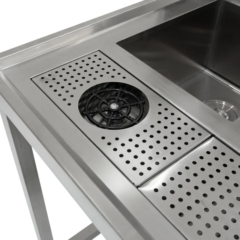Bubble Tea Workbench Boba Drink Prep Station Serving Counter Stainless Steel Sink Mixer Tap Drip Tray Glass Refresher Ice Well Cupboard Shelves Gastro Pots Syrup Pump Bottles Custom For KuKoo Machines