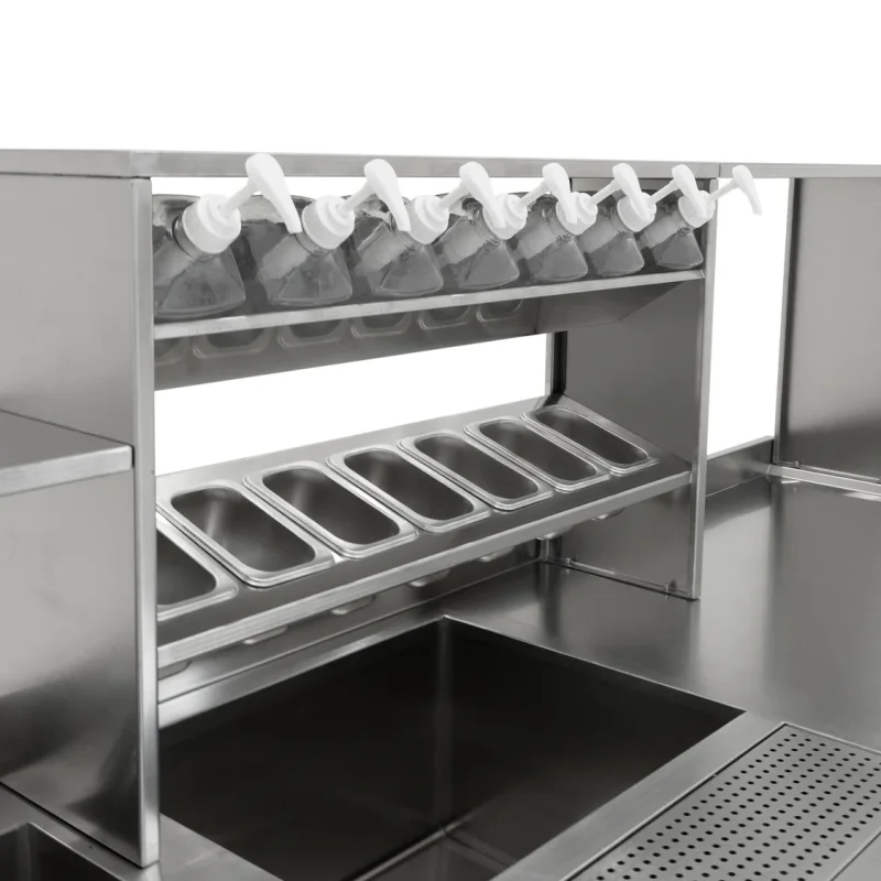 Bubble Tea Workbench Boba Drink Prep Station Serving Counter Stainless Steel Sink Mixer Tap Drip Tray Glass Refresher Ice Well Cupboard Shelves Gastro Pots Syrup Pump Bottles Custom For KuKoo Machines