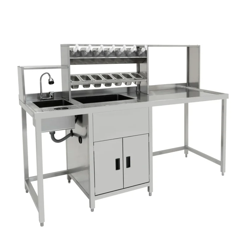 Bubble Tea Workbench Boba Drink Prep Station Serving Counter Stainless Steel Sink Mixer Tap Drip Tray Glass Refresher Ice Well Cupboard Shelves Gastro Pots Syrup Pump Bottles Custom For KuKoo Machines