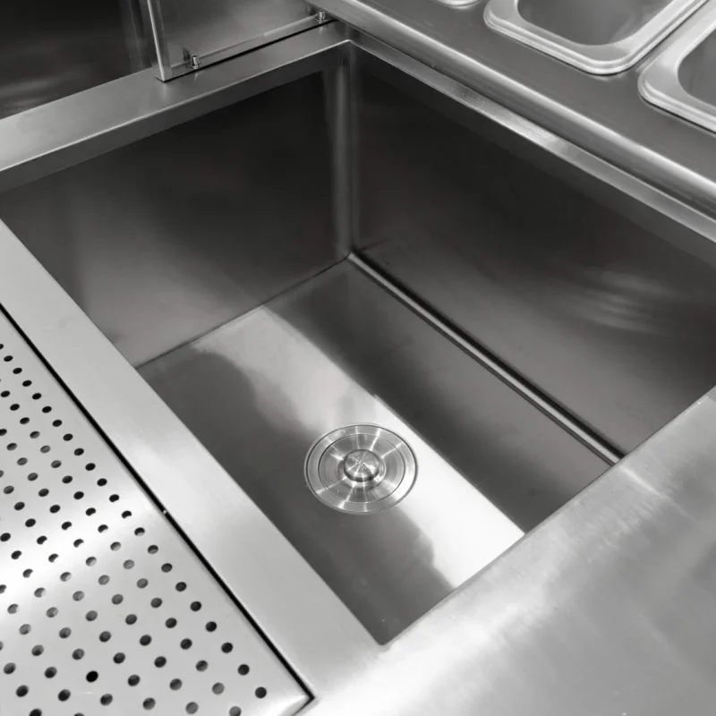 Bubble Tea Workbench Boba Drink Prep Station Serving Counter Stainless Steel Sink Mixer Tap Drip Tray Glass Refresher Ice Well Cupboard Shelves Gastro Pots Syrup Pump Bottles Custom For KuKoo Machines