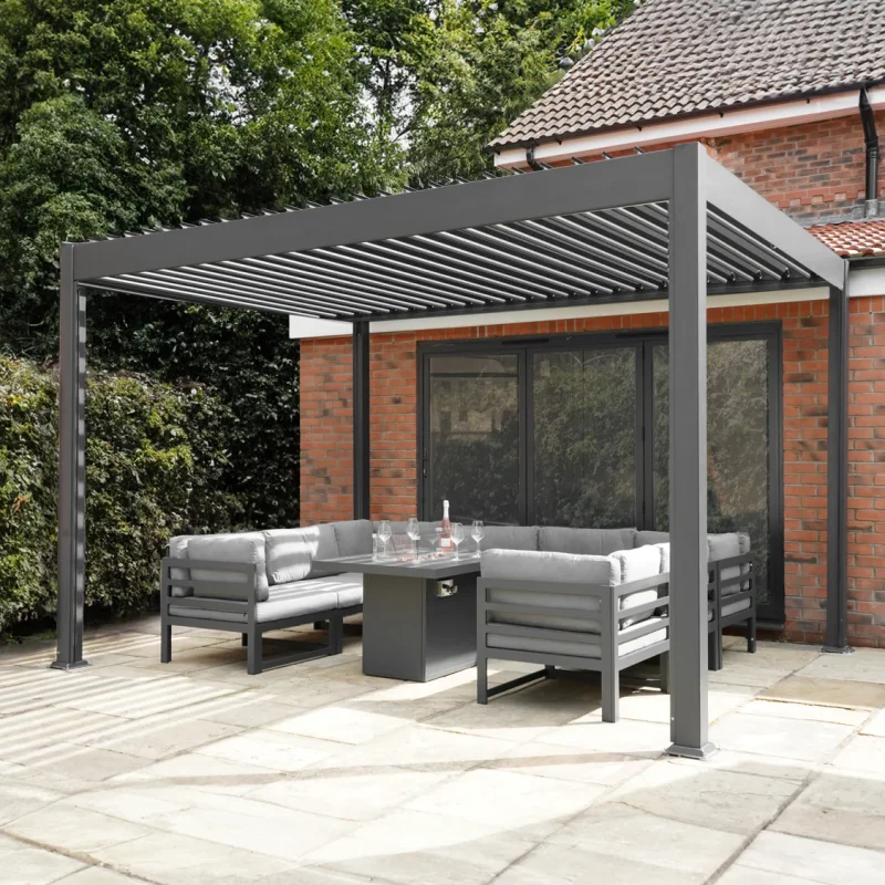 Metal Pergola With LED Lights 3m x 3m Adjustable Canopy Roof Powder Coated Aluminium Outdoor Garden Gazebo Sun Rain Shelter Patio Deck Drainage Weather Resistant Tools & Ground Bolts Grey and Rattan Corner Dining Set Outdoor Garden Furniture Black 9-Seate