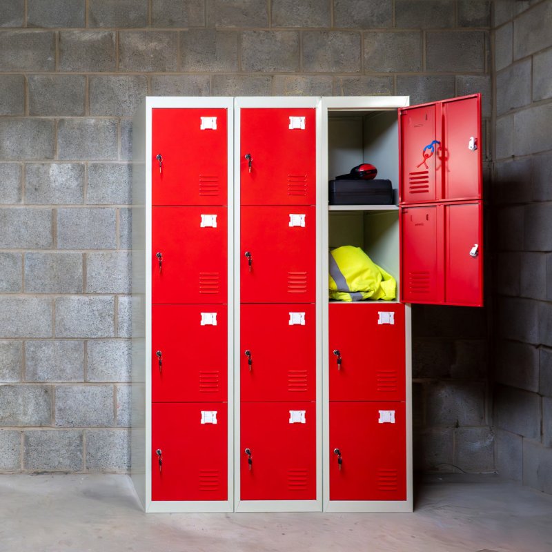 MonsterShop 3 x Metal Lockers, 4 Door Storage, Blue & Grey Metal Lockable Unit, School Staff Gym Changing Room
