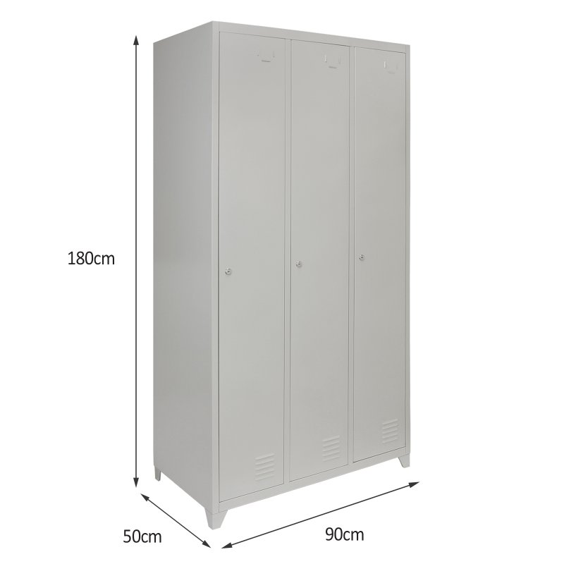 MonsterShop 3 Door Steel Storage Lockers, Grey Metal Lockable Unit, School Staff Gym Changing
