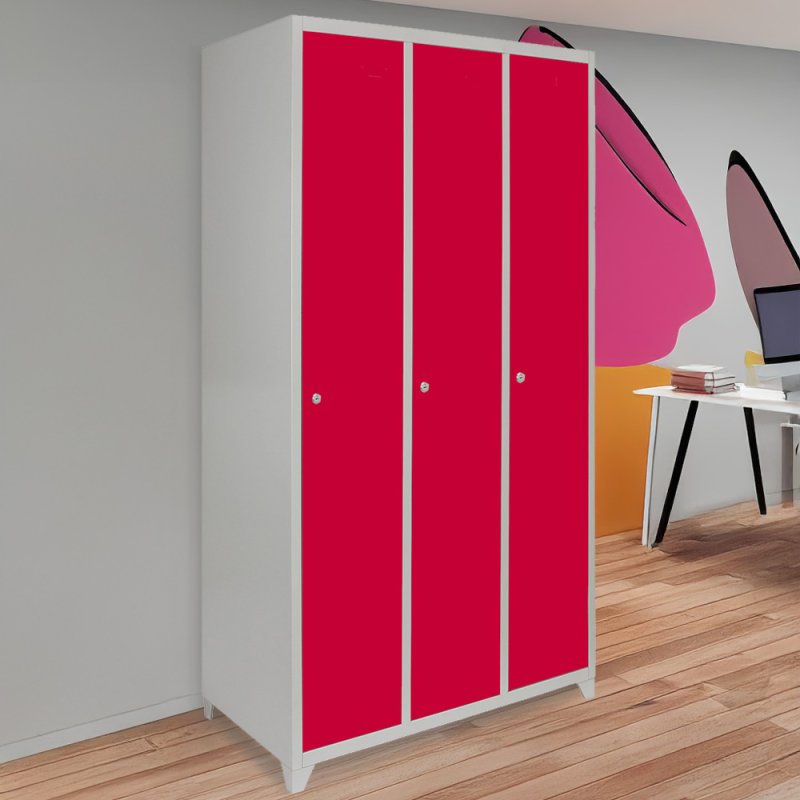 MonsterShop 3 Door Wide Steel Storage Lockers, Red & Grey Metal Lockable Unit, School Staff Gym Changing