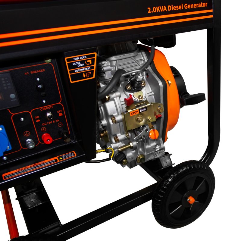 Portable Diesel Generator Open Frame 2kVA 230V 6HP 3.8kW 5 In 1 Digital Display Single Phase Manual Start Emergency Power AC DC Output Powder Coated Steel 12.5L Fuel Capacity Wheels Tool Kit & Funnel