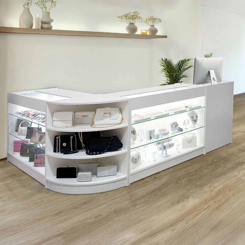 Retail Bundle: White Astro LED Shop Counter, 40 Scarlet Red Heavy Duty Carpet Tiles (10m²), & 5 Counterfeit Money Detector Pens