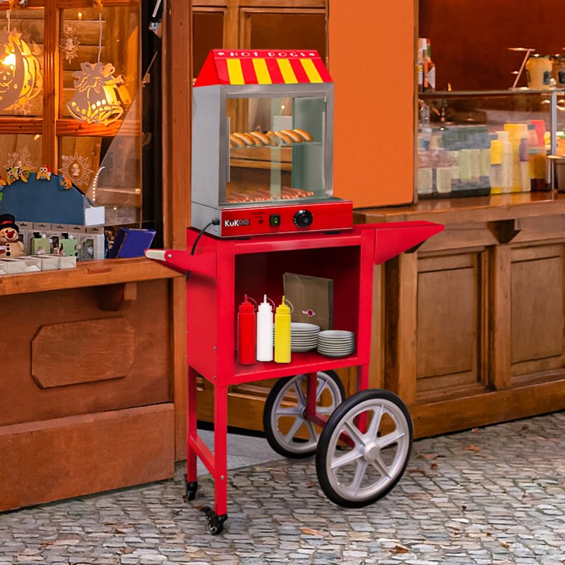 Hot Dog Steamer & Cart Events Hotdog Bun Electric Warmer Stainless Steel Machine Commercial Sliding Glass Doors Removable Shelf 2 Trays Adjustable Thermostat 30C - 110C 2000W Tongs 3 Sauce Bottles
