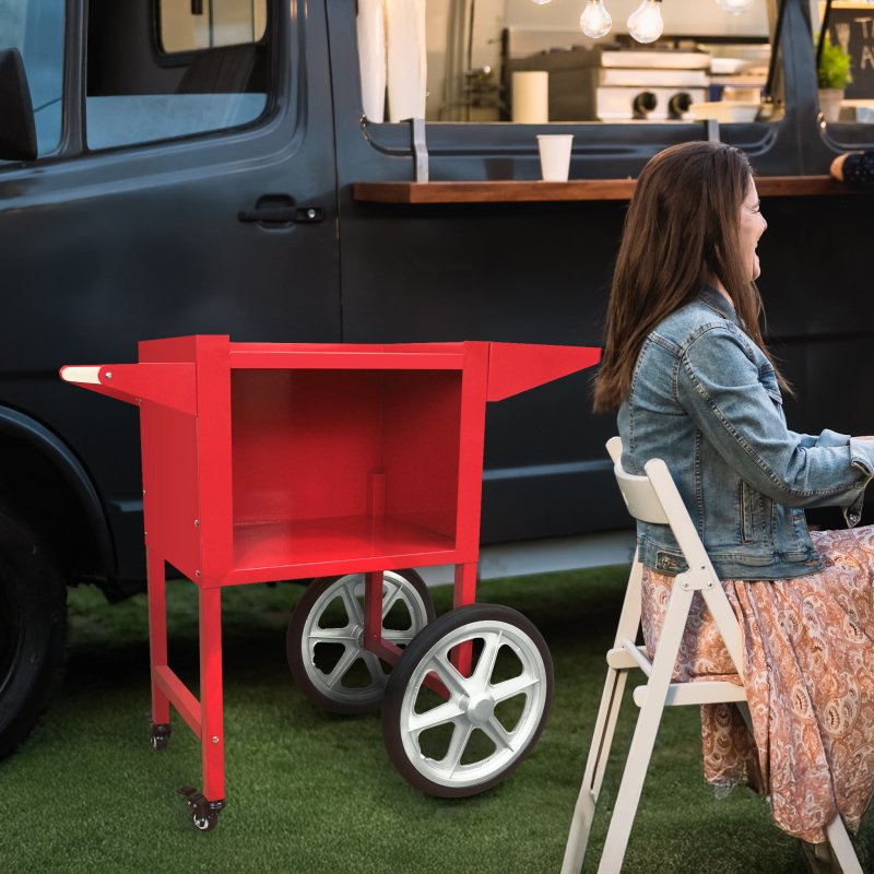 Popcorn Machine Maker Cart Professional Concession Catering Trolley Retro Red Stainless Steel Built In Handle 4 Wheels 2 Parking Brakes Easy Mobility Large Hidden Storage Detachable Shelf