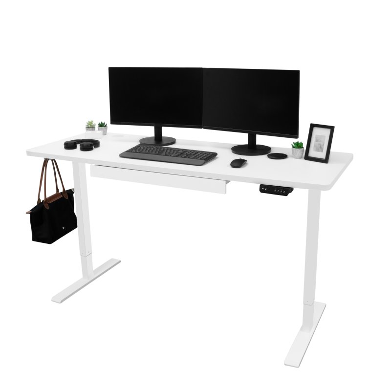 Electric Standing Desk 160cm x 60cm White Height Adjustable Ergonomic Sit to Stand Computer Workstation Built In Drawer USB A & C Charging Cable Holes & Tray Bag Hook Office Table Memory Smart Panel