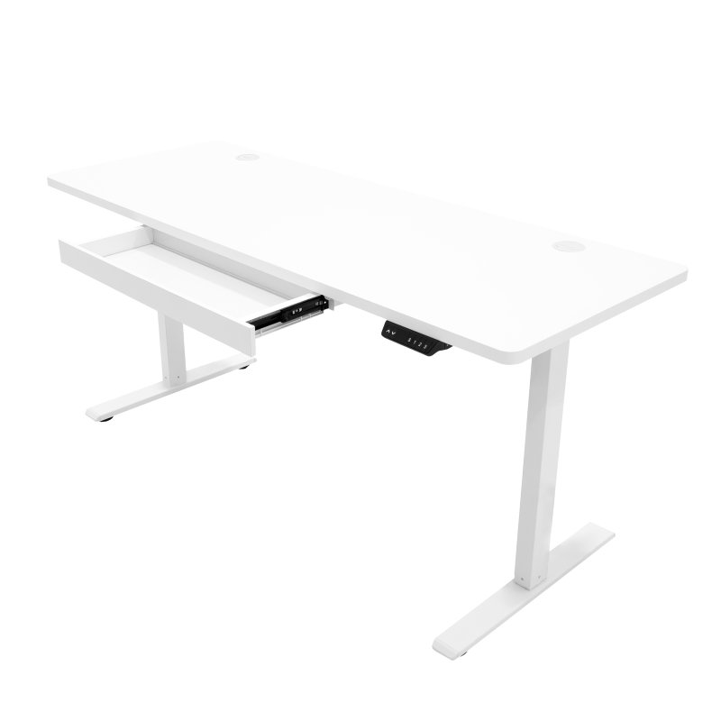 Electric Standing Desk 160cm x 60cm White Height Adjustable Ergonomic Sit to Stand Computer Workstation Built In Drawer USB A & C Charging Cable Holes & Tray Bag Hook Office Table Memory Smart Panel