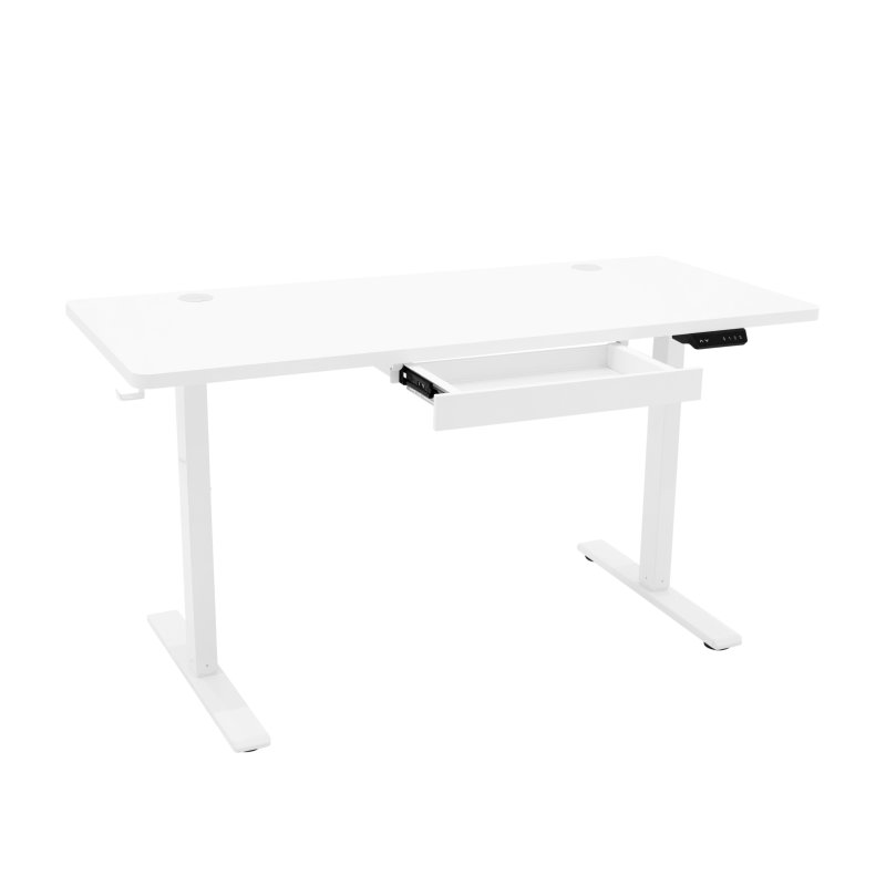 Electric Standing Desk 140cm x 60cm White Height Adjustable Ergonomic Sit to Stand Computer Workstation Built In Drawer USB A & C Charging Cable Holes & Tray Bag Hook Office Table Memory Smart Panel