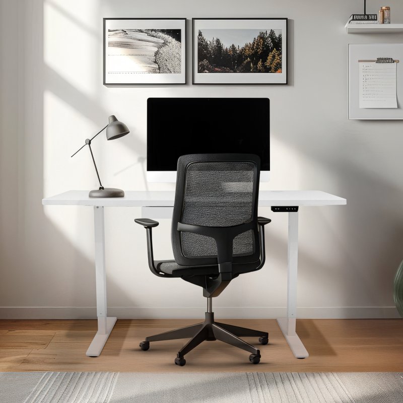 Electric Standing Desk 140cm x 60cm White Height Adjustable Ergonomic Sit to Stand Computer Workstation Built In Drawer USB A & C Charging Cable Holes & Tray Bag Hook Office Table Memory Smart Panel