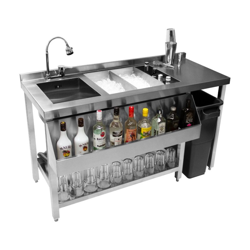 Cocktail Bar Station Stainless Steel 90L Insulated Ice Well Removable Dividers Free-Standing Workstation Large Sink 360 Degree Swivel Mixer Tap Speed Rail Slimline Bin Void FREE Boston Cocktail Shaker