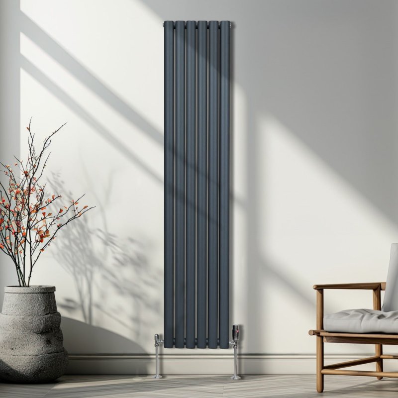 Oval Column Radiator 1800mm x 360mm & TRV Chrome Valves Designer Double Panel Central Heating Heater Anthracite Grey Steel Vertical Kitchen Living Room FREE Cleaning Brush Fixing Kit & Brackets