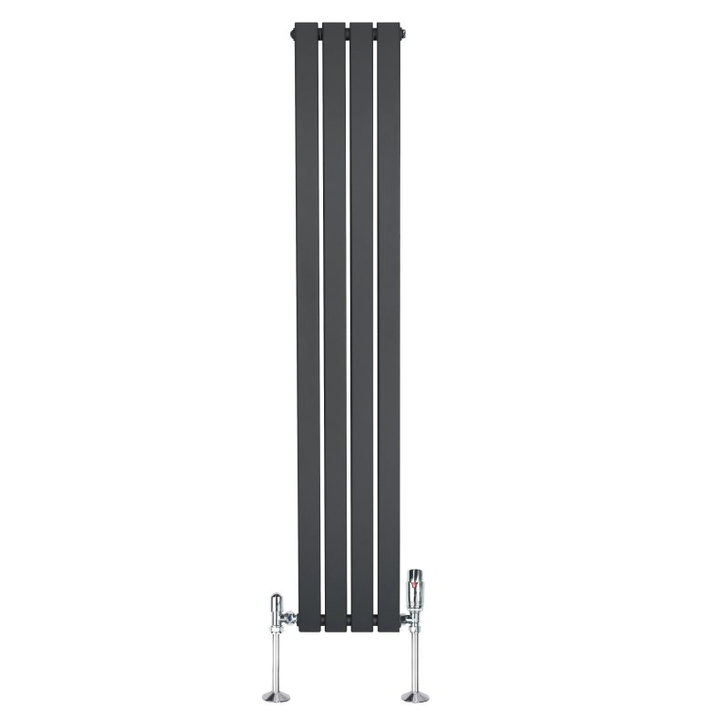 Flat Single Column Radiator & Valves - 1600mm x 280mm - Anthracite Grey