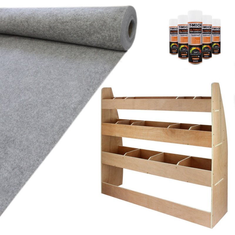 Camper Van Lining Carpet 11m2 Wheat 4 Way Super Stretch & VW Caddy SWB Van Racking Plywood Tool Storage Utility Ply Toolbox Transporter Shelves Rack Unit Motorhome 5 x Adhesive Glue Cans Kit