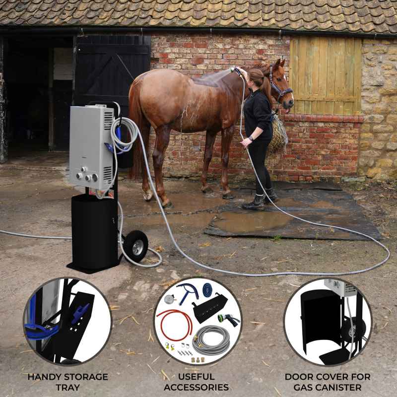 Portable Horse Shower With Steel Trolley Black 18L Tankless Instant Hot Water Gas Boiler LPG Heater 10m Water Hose & 9-Pattern Spray Gun Camping Outdoor 10