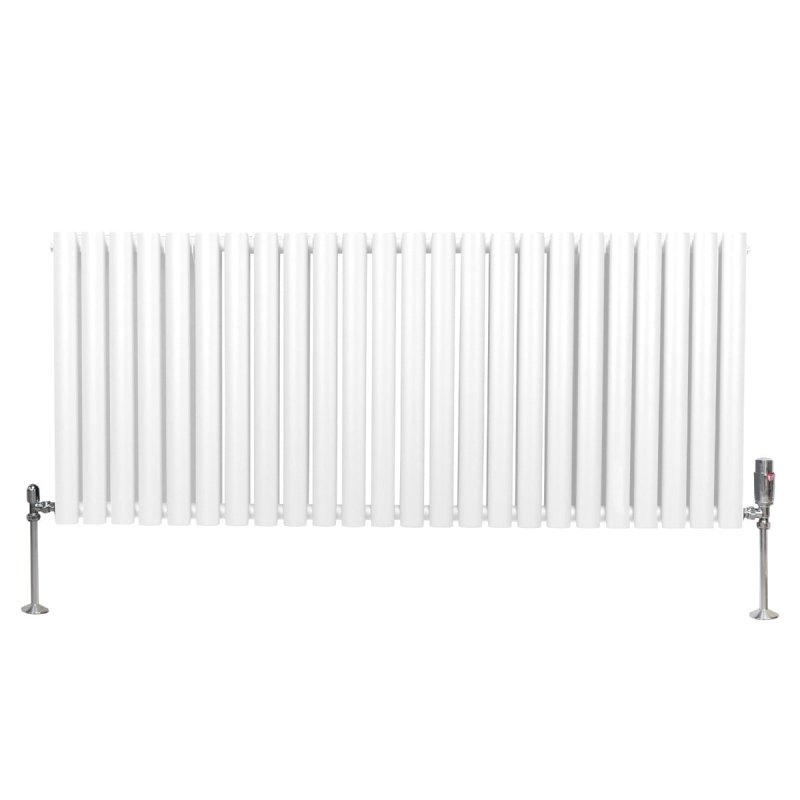 Oval Column Radiator 600mm x 1440mm & TRV Chrome Valves Modern Designer Double Panel Central Heating Heater White Steel Horizontal Kitchen Living Room FREE Cleaning Brush Fixing Kit & Brackets