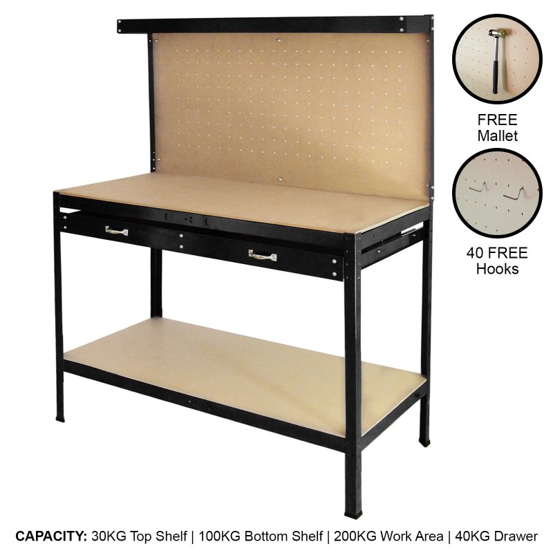 Garage Workbench With Pegboard Drawer Heavy Duty Bench Steel Tool Storage Station Unit With Shelves FREE 40 Hooks DIY Workshop Industrial Metal Work-table Worktop Black