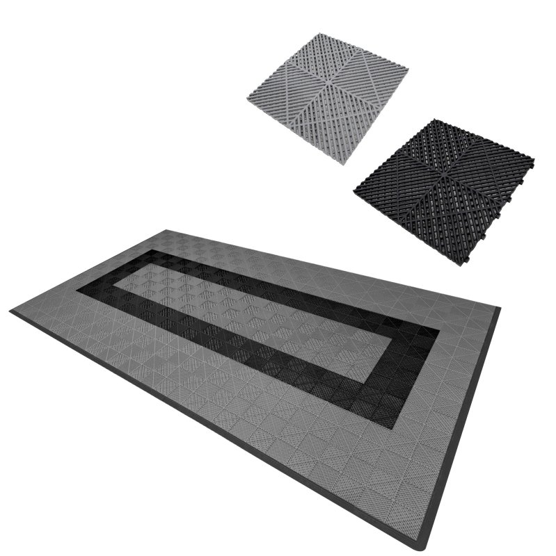 Vented Modular Interlocking Flooring Tiles & Edges 90 Grey & 30 Black Single Garage Heavy Duty Floor Mat Showroom Workshop Outdoor Polypropylene Anti Slip Weather Resistant Drainage 3.2m x 6m 19.2m2