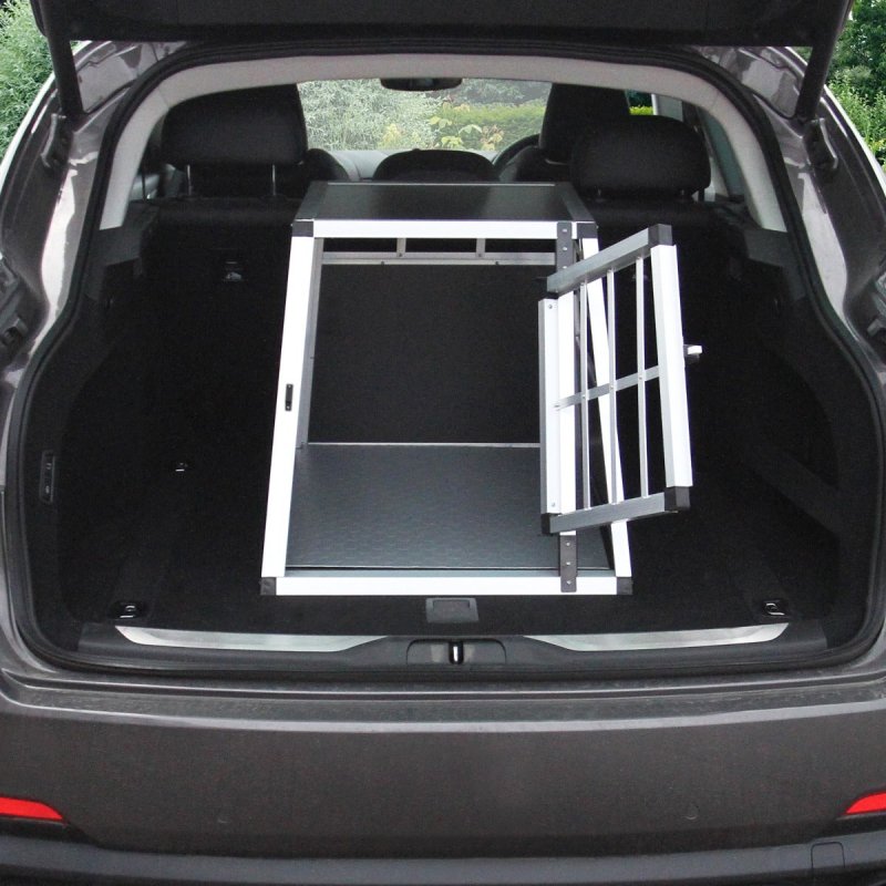 Pet Car Transport Crate Cage Large Aluminium Travel Box Trapezoidal Dog Cat Puppy Carrier Estate Vehicle 1 Door 69 x 65 x 90cm | FREE Plastic Washable Mat