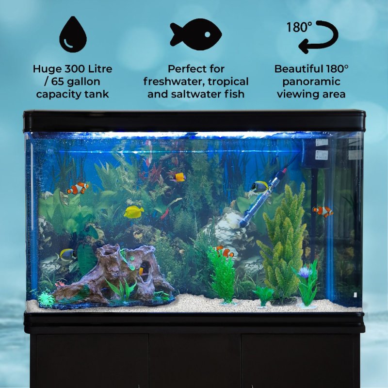 MonsterShop Fish Tank Aquarium & Starter Accessories, Black Cabinet, White Gravel, 4ft, 300L