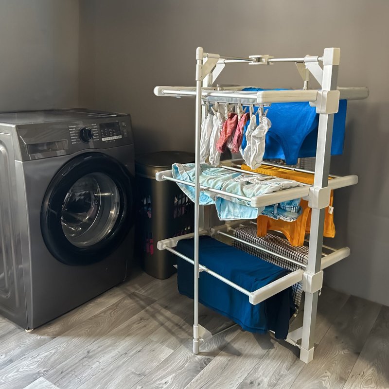 Electric Heated Clothes Airer 3 Tier 21m Dryer Rack 15kg Capacity 50-55c 220W Indoor Foldable Portable Horse 6 Shelves 24 Rails Energy Efficient Fast Dry Zip Up Dust Proof Cover & 6 Clip Peg Hanger